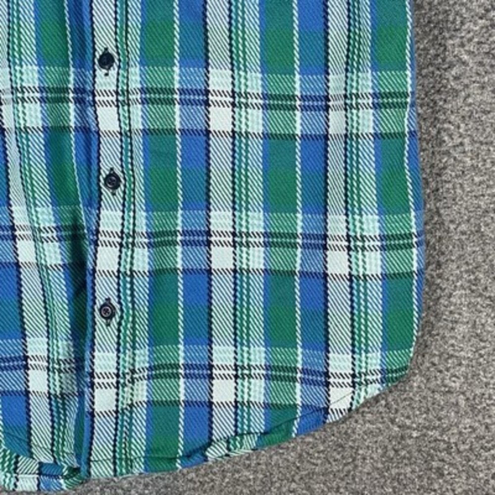 Outerknown Mens M Flannel Plaid Blanket Shirt Blue Green Heavy Shacket Button Up - Picture 10 of 14